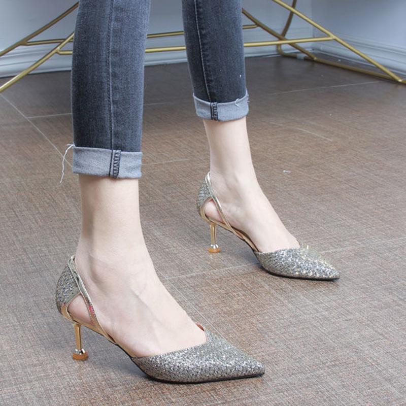 Spring Mid-heel High Heels Women's Shoes Pointed Toe Sexy Female Stiletto Hollow Sequin Party Shoes