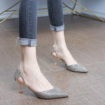 Spring Mid-heel High Heels Women's Shoes Pointed Toe Sexy Female Stiletto Hollow Sequin Party Shoes