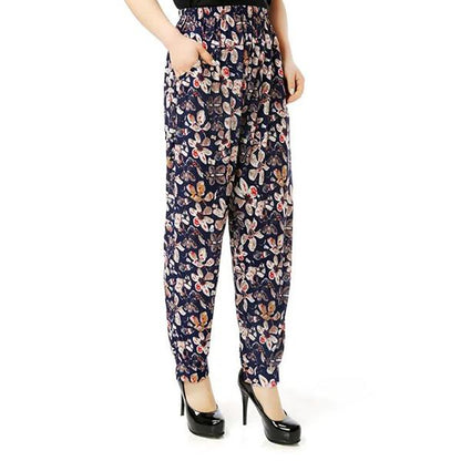 Women Summer High Waist Wide Leg Floral Printed Casual Pants Female Big Size Loose Elastic Waist Simple Thin Cropped Pants