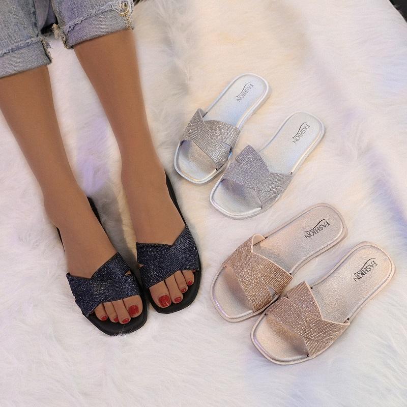 Sequined Women Sandals Slide for Women Home Shoes Summer Flat Women Slippers Fashion Women Shoes Glitter Women Footwear Plus Size One Size Smaller