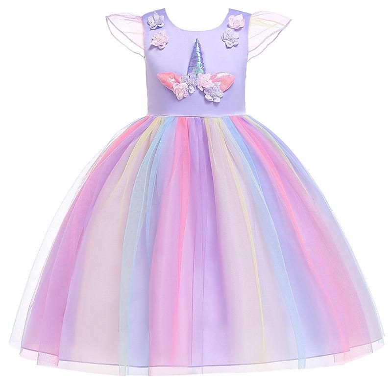 Girls Unicorn Tutu Dress Rainbow Princess Kids Party Dress Children Christmas Halloween Cosplay Costume with Headband Wings