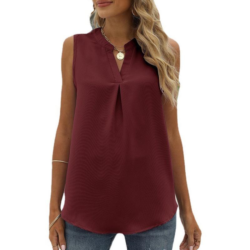 European and American Shirt Women's Spring and Summer Solid Color Chiffon Shirt Loose V-neck Pullover Sleeveless Top Vest