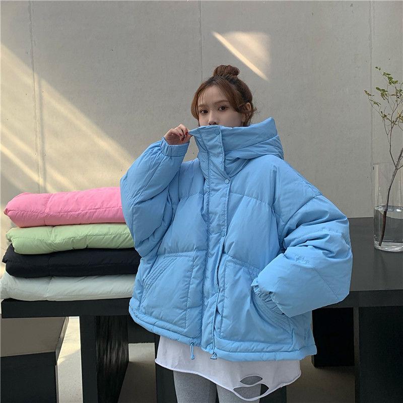 Women's Winter Korean Style Loose Quilted Jacket Women's Warm Stand-collar Down Jacket Solid Color Mid-length Down Jacket Quilted Jacket