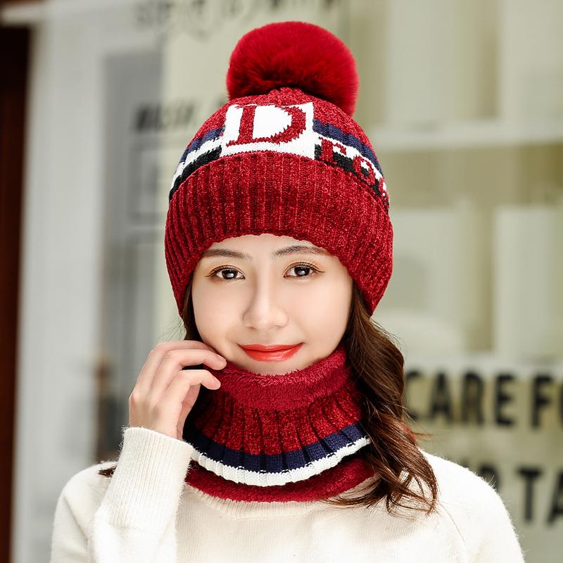 Winter Hat Fur PomPoms Ball Knitted Hats Scarf Set Women Beanie Hat Thick Skullies Female Cap