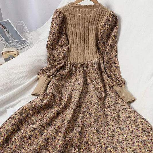 Women's Spring Autumn Slim Knitted Long Dress Vintage All-match Corduroy Floral Printing Party A-line Dress