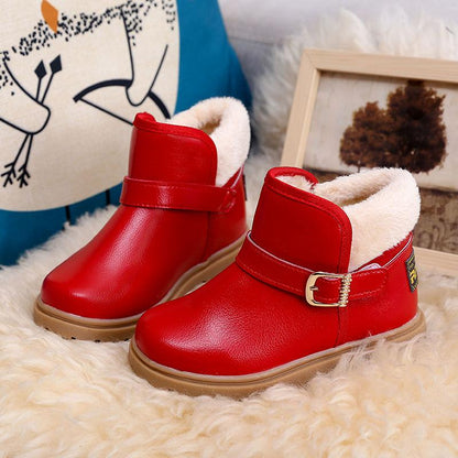 Children's Cotton Shoes Plus Velvet Padded Snow Boots Waterproof Non-slip Leather Boots Boys and Girls Large Cotton Warm Shoes