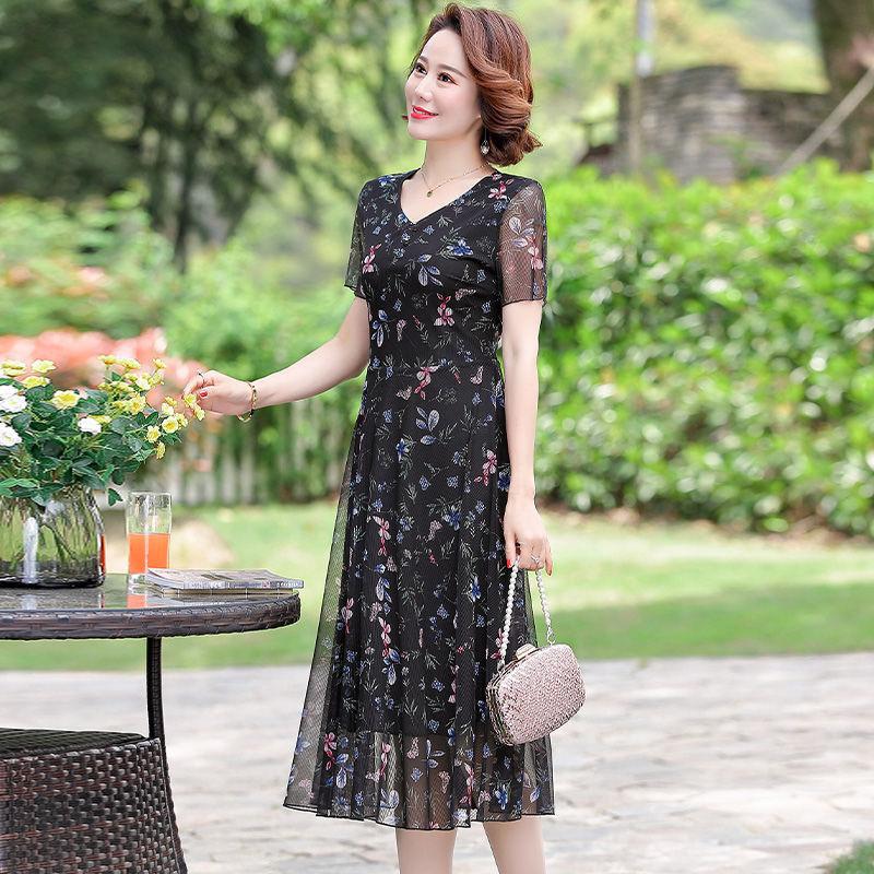 Summer Chiffon Mid-length Plus Size Printed Floral Over-the-knee Dress V-Neck Short Sleeve Elastic Waist