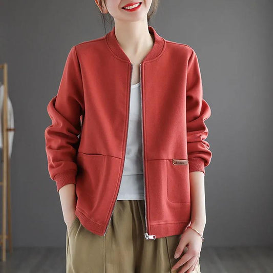 Women Jackets Retro Solid Ladies Zipper Up Bomber Outwear Spring Fall Long Sleeve Short Thin Slim Casual Pocket Biker Coats