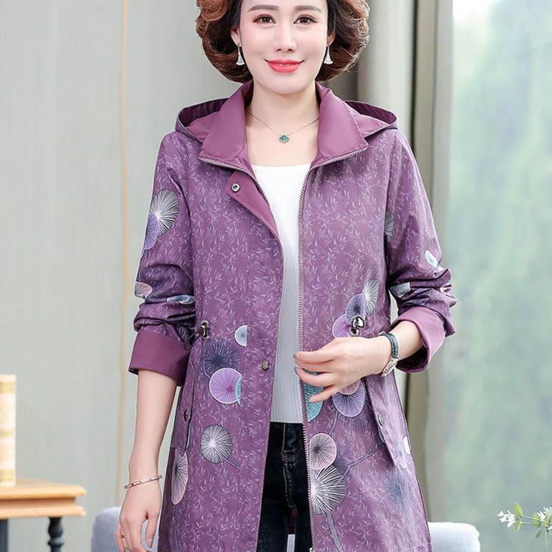 Autumn Mother Wear Jacket Middle-aged and Elderly Fashion Printing Detachable Hooded Mid-length Windbreaker Women