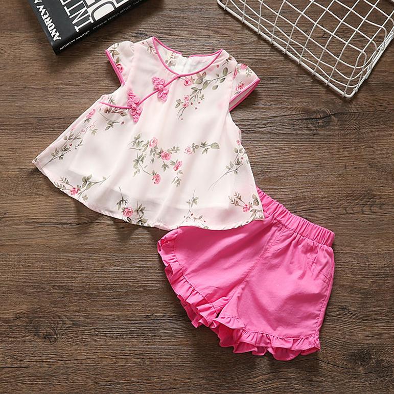 2PCS Children Clothing Set Spring Summer Tang Costume and Han Costume Girls Suits Printing Short Sleeve Tops + Pants Clothing Set