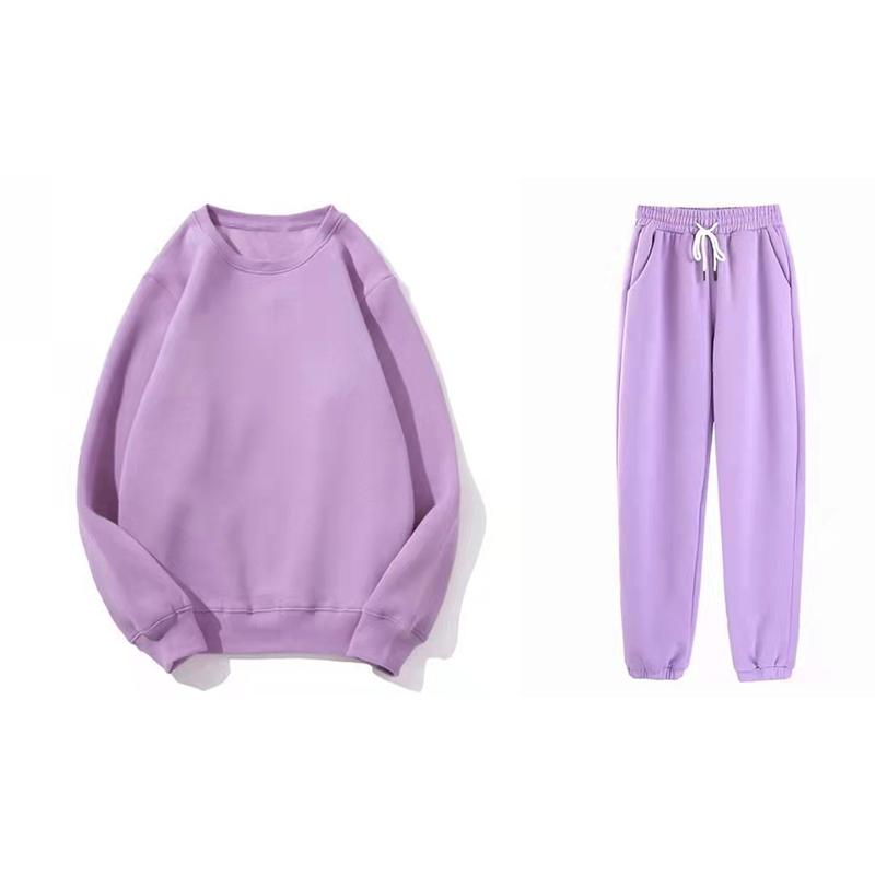 2PCS Sports Suit Round Neck Sweater Jacket Autumn and Winter Fleece Two-piece Loose Trousers Suit Solid Color Sweat Suits Girls Athletic Clothing