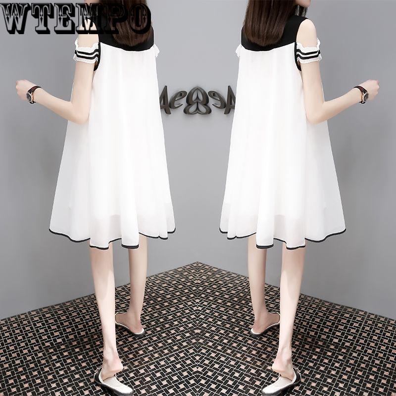 Summer new Korean version of the fake two large size women's short-sleeved long chiffon dress