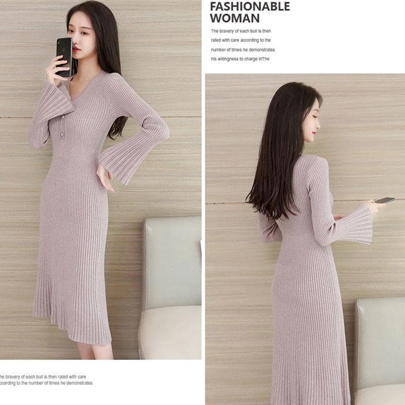 Autumn and Winter V-neck Knitted Dress Thick Flared Sleeve Tight-fitting Base Dress Mid-length Over The Knee Women's Sweater Dress