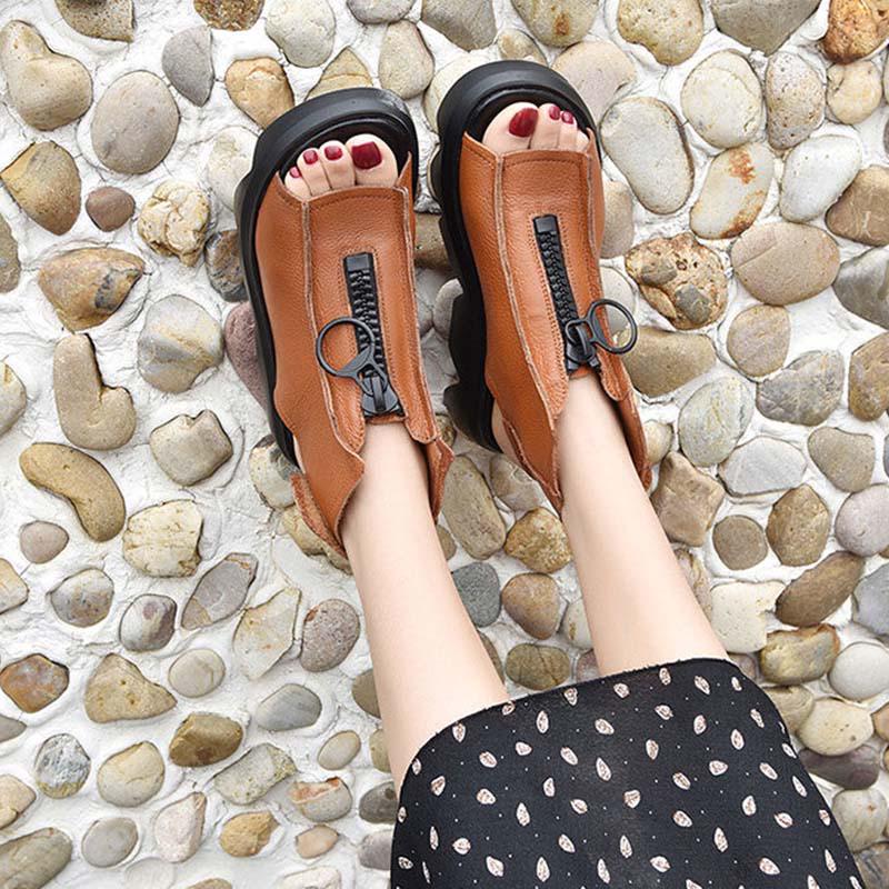 Plus Size 35-40 Summer Women Outdoor Rome Flip Flop Flat Bohemian Beach Shoes Non-slip Office Lady Zipper Sandals