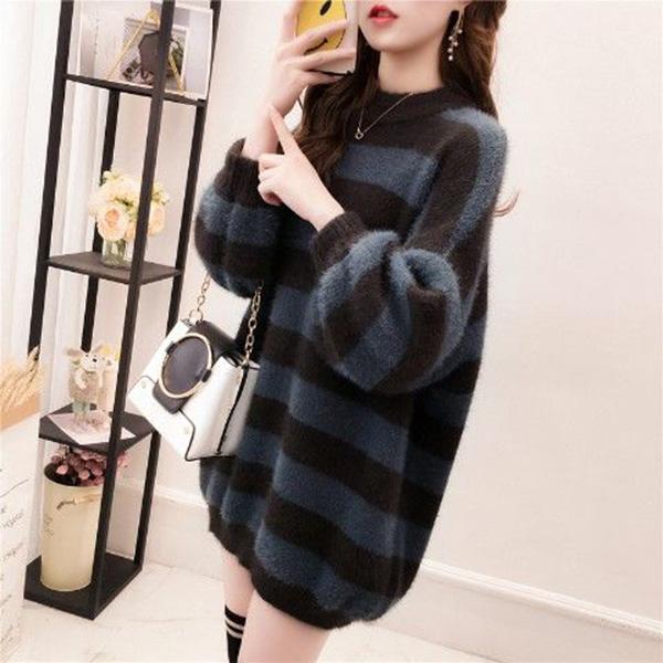 Autumn and Winter Imitation Mink Thick Sweater Striped Pullover Sweater Women Fashion Casual Jacket