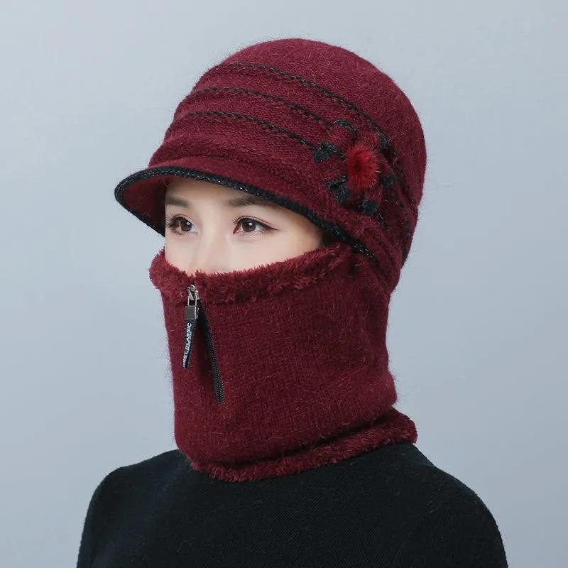 Women's Hat Autumn and Winter Floral Face Ear Protection Wool One-piece Scarf Mask Hat Plus Velvet Thickening Cycling Windproof Warm Mother Hat