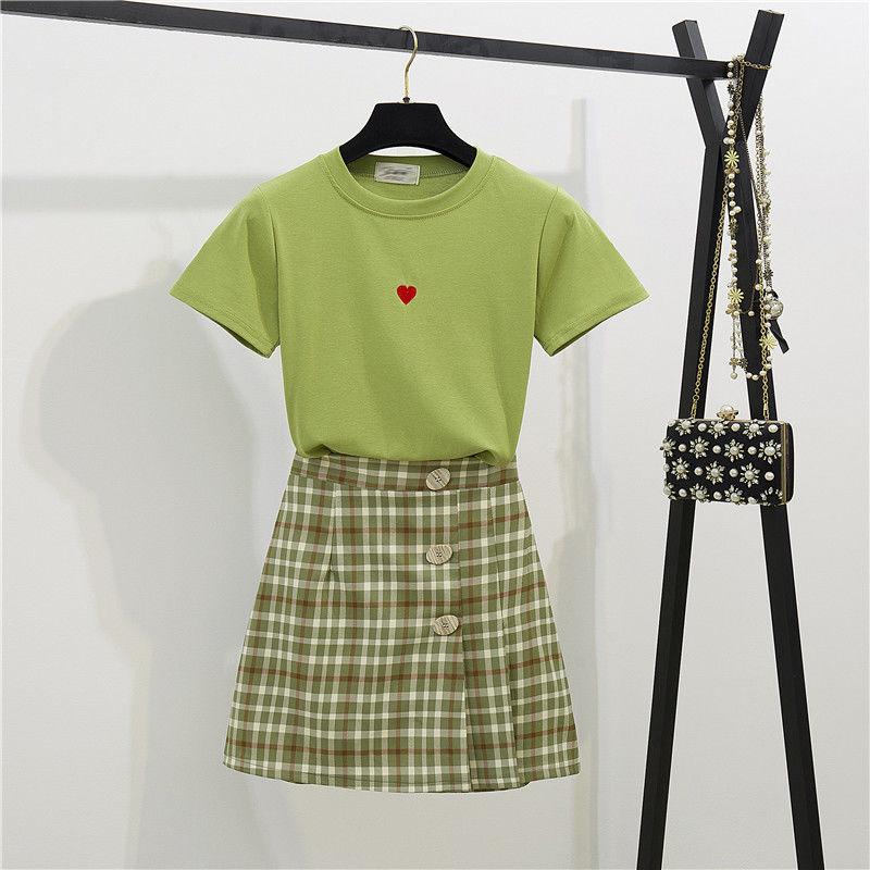 Summer Elegant Skirt Set Short Sleeve T-shirt High Waist Skirt Short Plaid Skirt Two-piece Set