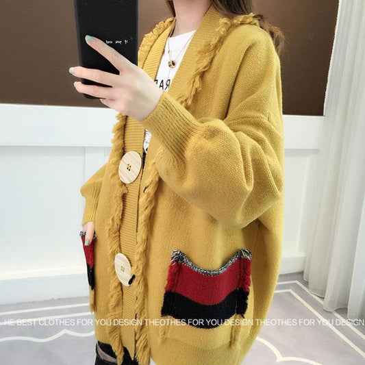 Pure Color Cardigan Knitwear Sweet Puff Sleeve Short Fall/Winter V-neck Sweater Jacket Women's Long Sleeve Warm Jacket