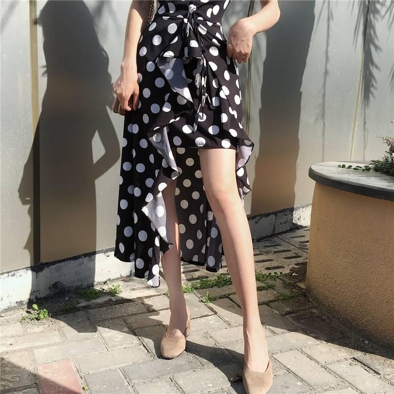 Polka Dot Ruffle Split Midi Dress Women V Neck Pleated Dress Female Elegant Party Club Sexy Dress