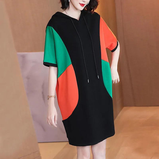 Women Summer Large Size Loose Short Sleeve Hooded Dress Vintage Mid-length Patchwork Versatile Casual Dress