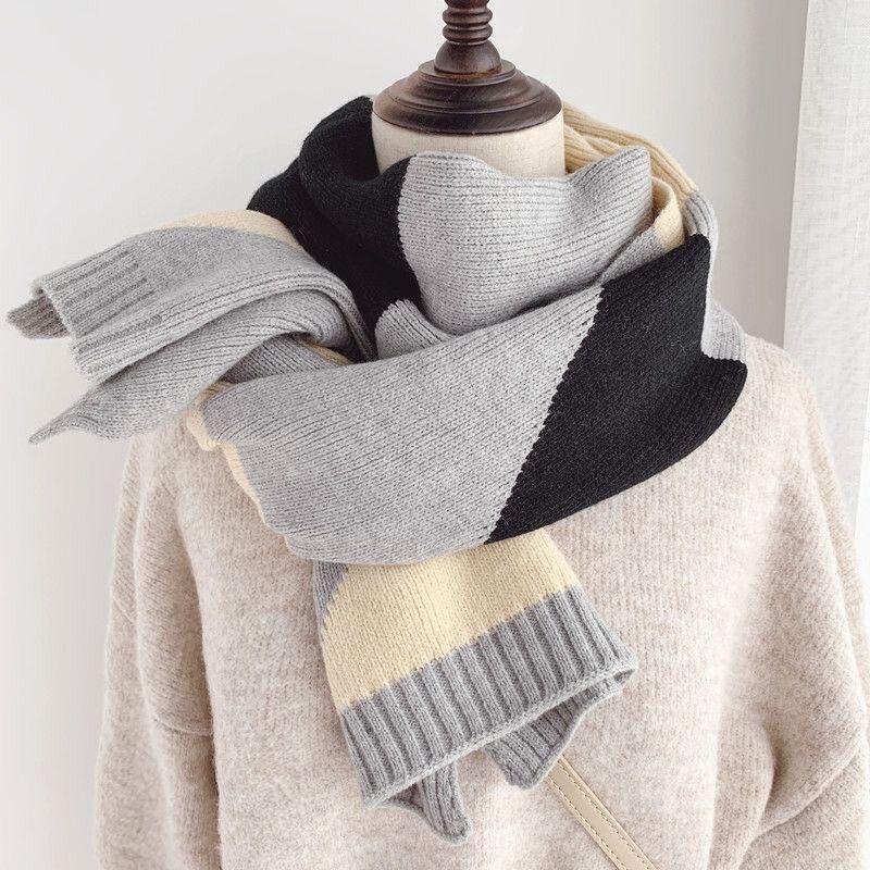 Winter Women's Knitted Scarf Korean Fashion Color Matching Wool Scarf Thickened Long Warm Scarf Shawl