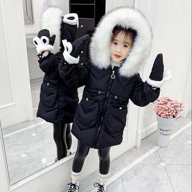 Girls Plus Velvet Thick Warm Cotton Coat Winter Korean Windproof Cotton Clothing Mid-length Cotton-padded Jacket with Gloves