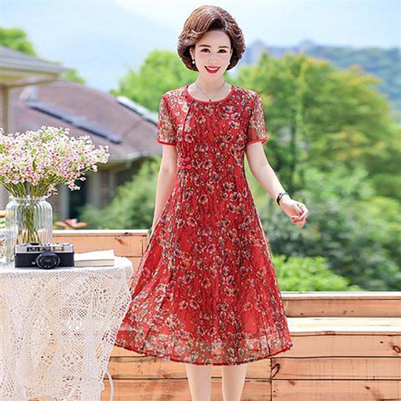 Mom Summer Dress Middle-aged and Elderly Women's Noble Mid-length Chiffon Over The Knee Summer Dress