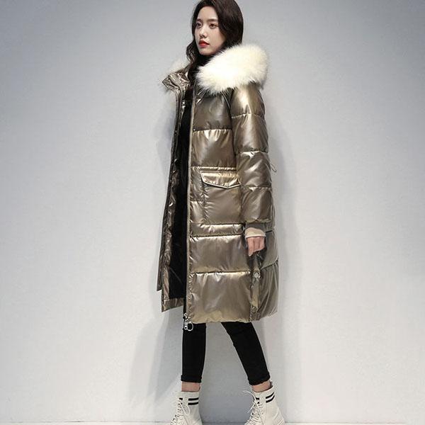 Women's Bright Face Hooded Down Jacket Long Loose Thick Coat Warm Cotton Coat Large Wool Collar Winter Quilted Coat