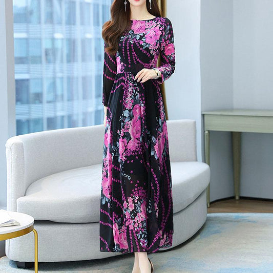 Women's Spring Summer Printed Long Sleeve Dress Autumn Loose Plus Size Casual Long Floral A-line Dress