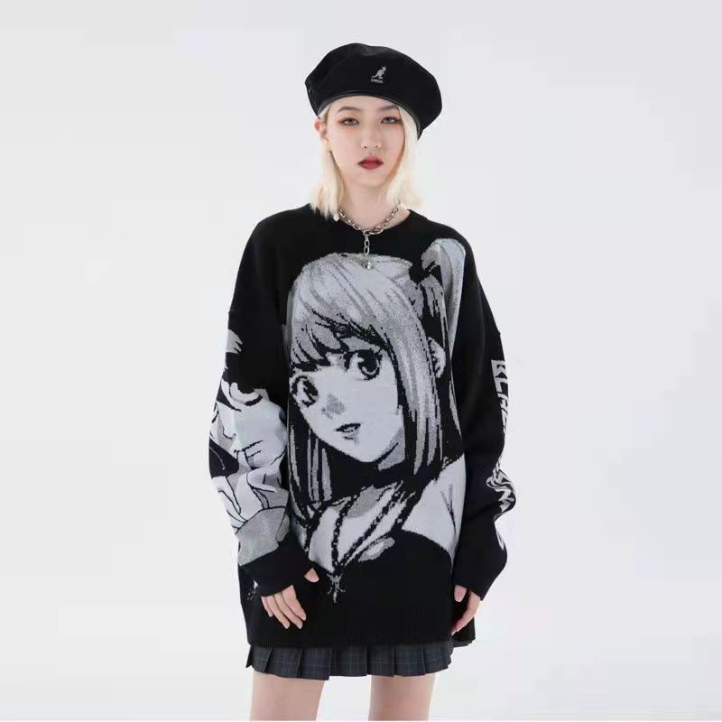 Sweater Men and Women Autumn Tide Brand Round Neck Anime Loose Knit Sweater Men and Women Couples Dark