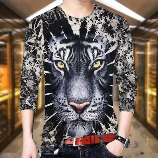 Men's tops spring and autumn men's long-sleeved T-shirt men's 3D printed round neck T-shirt