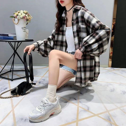 Mid-length Plus Size Plaid Shirt Loose and Thin All-match Long-sleeved Jacket Women's Fabric Is Soft Comfortable and Breathable