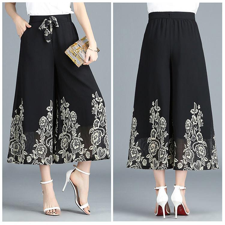 WTEMPO Loose Ankle-Length Pants Women Ruffle Chiffon Skirt-like Wide-leg Pants Trousers Cool and Breathable