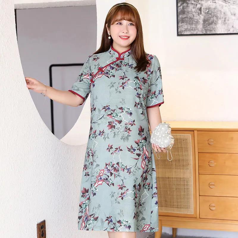 115 Kg Plus Size Women's Summer Dress Fat Sister Retro Temperament Loose and Thin Cheongsam Skirt Dress