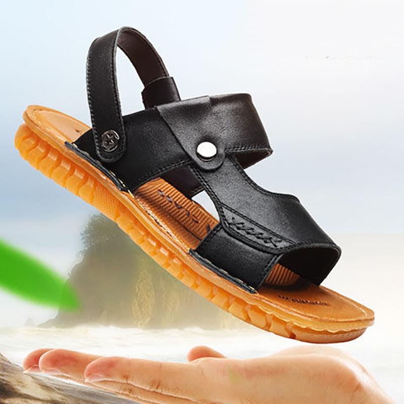 First Layer Cowhide Men's Sandals Tendon Sole Leather Beach Shoes Summer Leisure Sandals and Slippers Non-slip Soft Sole Sandals