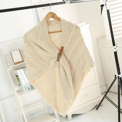 Women's Autumn Winter Knitted Leather Buckle Shawl Scarf Triangle Cloak Keep Warm All-match Solid Color Crochet Dual-use Shawl Scarf