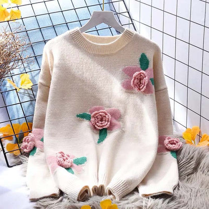 2021 New Autumn and Winter Embroidered Pullover Women's Sweater Fashion Loose Casual Three-dimensional Knitted Top