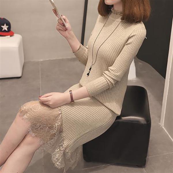 Autumn and Winter Fashion Lace Stitching Women's Bottoming Shirt Long-sleeved Mid-length Over-the-knee Slim Warm Sweater Dress