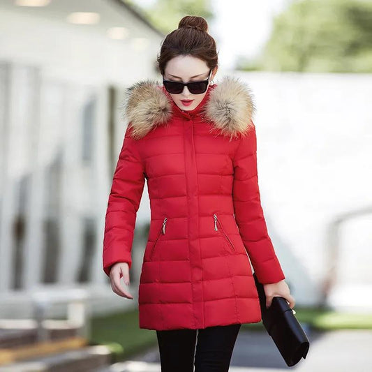 Slim Women Winter Jacket Cotton Padded Warm Thicken Ladies Coat Medium Long Down Coats Fur Collar Hooded Parka Mid-length Womens Jackets