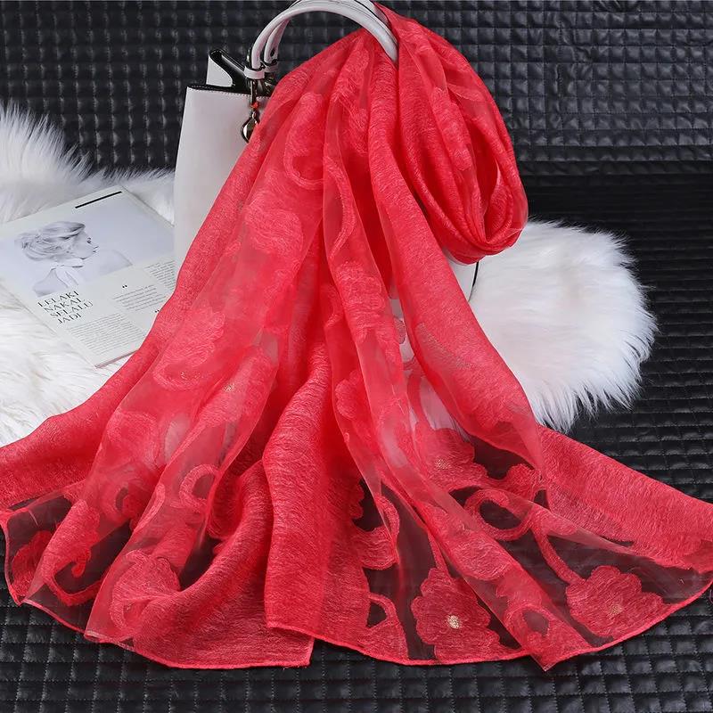 Women's Acrylic Linen Lace Silk Scarf Neck Conver Korean Scarves Long Gauze Scarf Pure Color Auspicious Cloud Embroidery Cut Flower High Quality Shawl