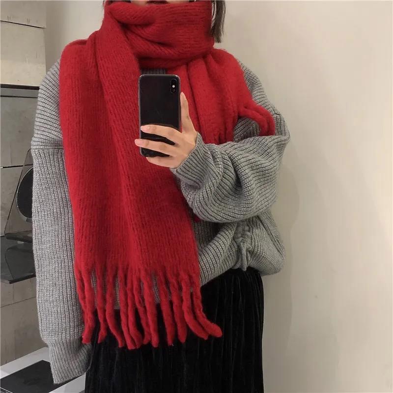 Winter Women's Scarf Fashion Solid Color Tassel Knitted Scarf Dual-use Lengthened Thick Shawl Scarf