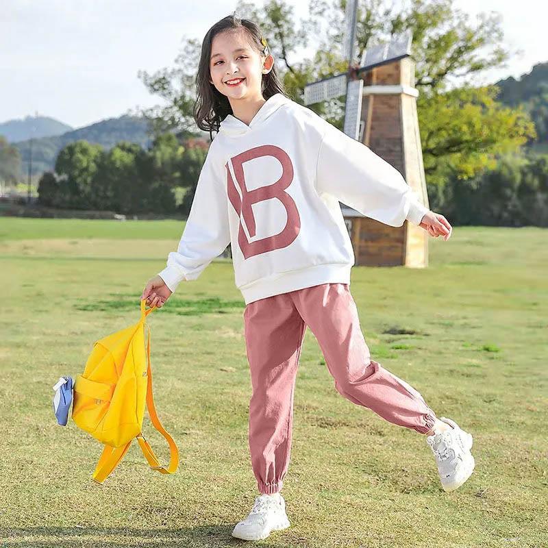 Girls Sports Set Spring and Autumn Hooded Pullover Long-sleeved Sweater Letter Printing Loose Trousers Casual Two-piece Set