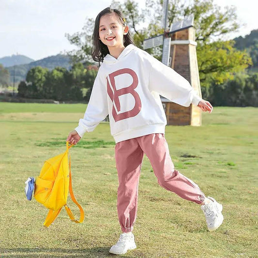 Girls Sports Set Spring and Autumn Hooded Pullover Long-sleeved Sweater Letter Printing Loose Trousers Casual Two-piece Set