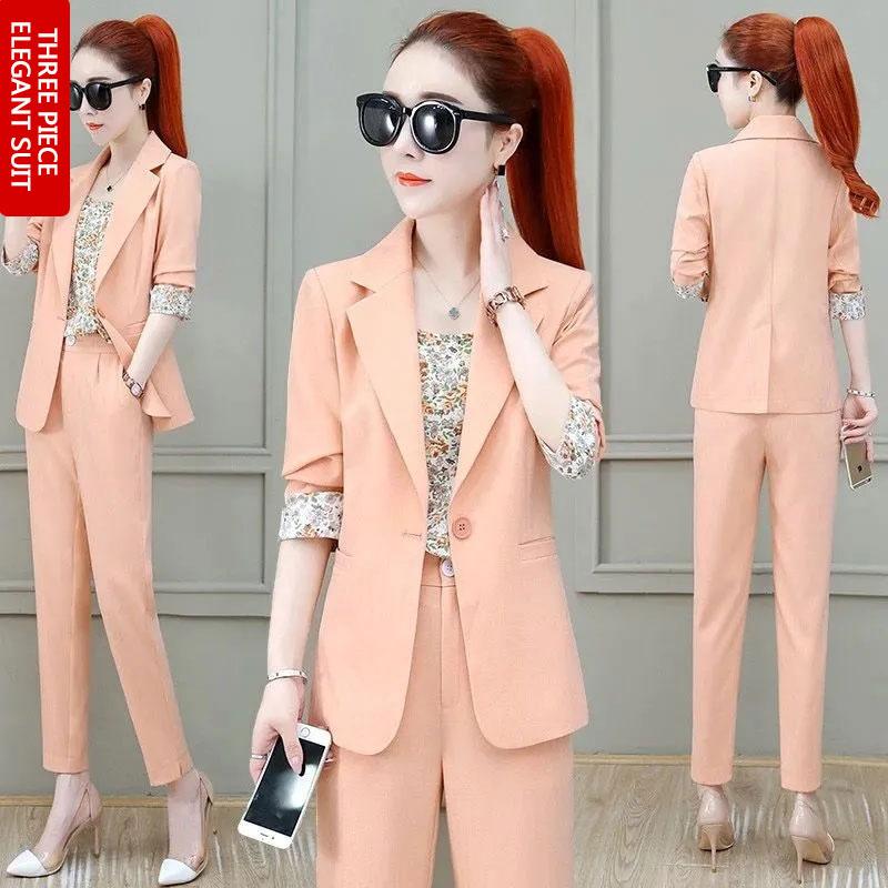 3PCS Women's Suit Three-piece Suit Spring and Autumn Casual Jacket + Floral Vest + Straight Trousers Professional Suit Ladies Thin Solid Color Suit