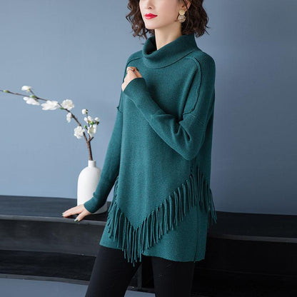 Autumn and Winter High Neck Loose Sweater Mid-length Tassel Plus Size Top Solid Color Knitted Women's Bottoming Shirt