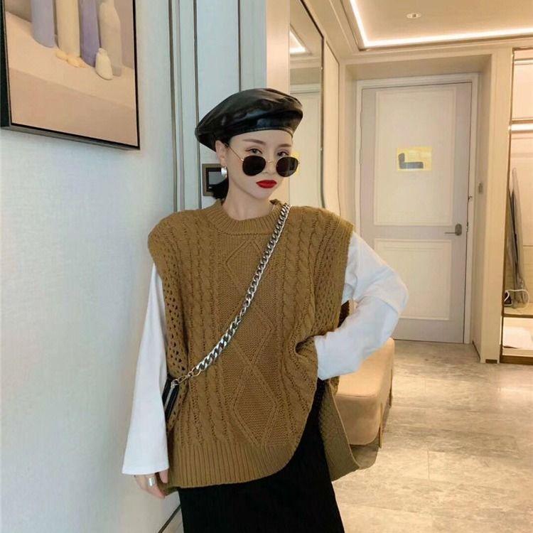 Solid Color Loose Sleeveless Sweater Women's Fashion Round Neck Pullover Waistcoat Lazy Warm Knitted Vest