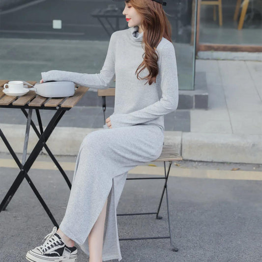 Long Over-the-knee Split Women's Autumn and Winter New Style Dress Temperament All-match High-neck Knitted Long Dress