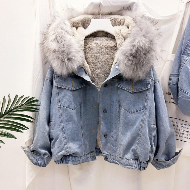 Overcoat Thick Warm Coat Denim Jacket Female Winter Fur Collar Lamb Coat Student Short Coat