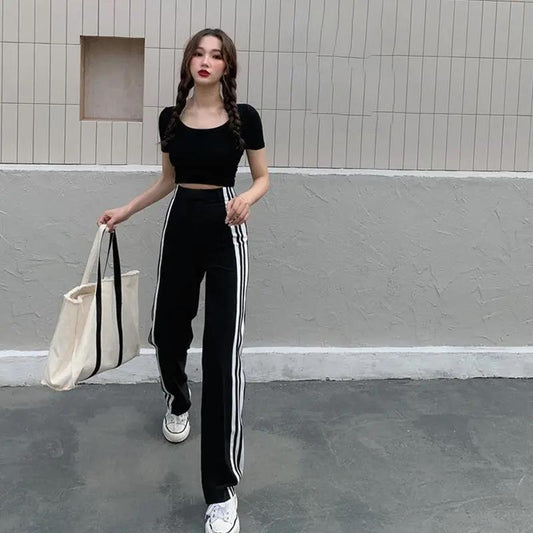 WTEMPO High Waist Sport Wide-leg Pants Striped Wild Loose Straight Leg Women's Baggy Trousers