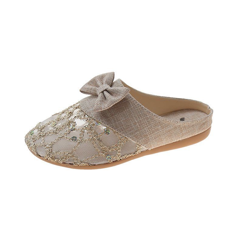 Lace Closed-toe Half Slippers Female Summer Hollow Linen Woven Loafers Lazy Outer Wear Sandals and Slippers